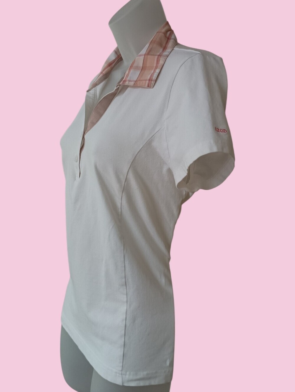 Izod Stretch White/Orange/Pink Tartan Golf Button Up Shirt Sleeve Large EUC
